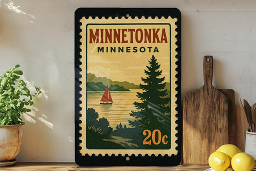 A framed vintage-style postage stamp depicting Minnetonka, Minnesota, with a sailboat on a lake and a pine tree in the background.