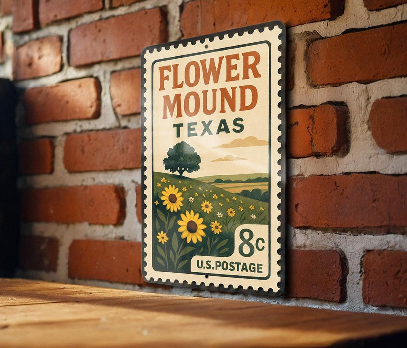 A vintage-style metal sign with a floral design and text, mounted on a brick wall.