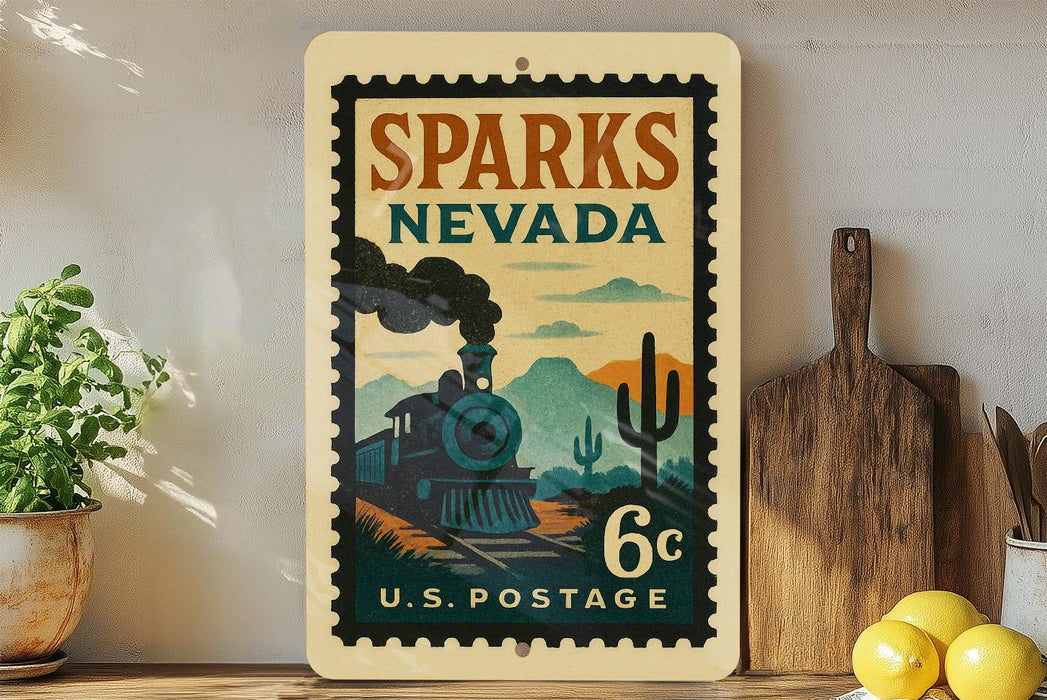 A vintage-style postage stamp from Sparks, Nevada, featuring a train and desert landscape, is displayed on a shelf next to a wooden cutting board and some lemons.
