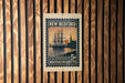 A vintage postage stamp from New Bedford, Massachusetts, featuring a sailing ship on the water.
