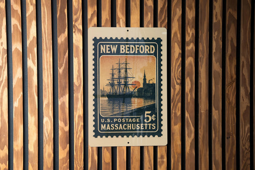 A vintage postage stamp from New Bedford, Massachusetts, featuring a sailing ship on the water.