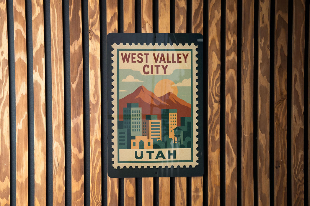 A vintage-style poster of West Valley City, Utah, featuring a mountain landscape and cityscape.