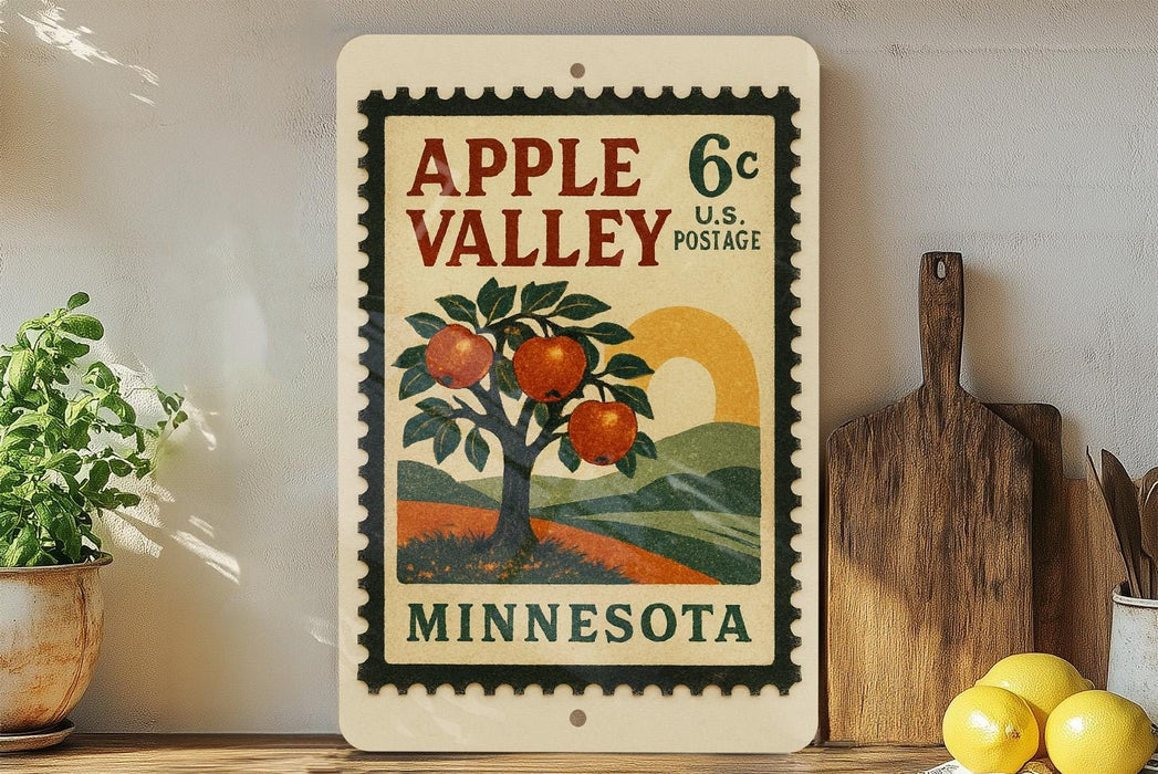 A vintage-style postage stamp from Minnesota, featuring an illustration of an apple tree with oranges, is displayed on a shelf next to a wooden cutting board and a potted plant.