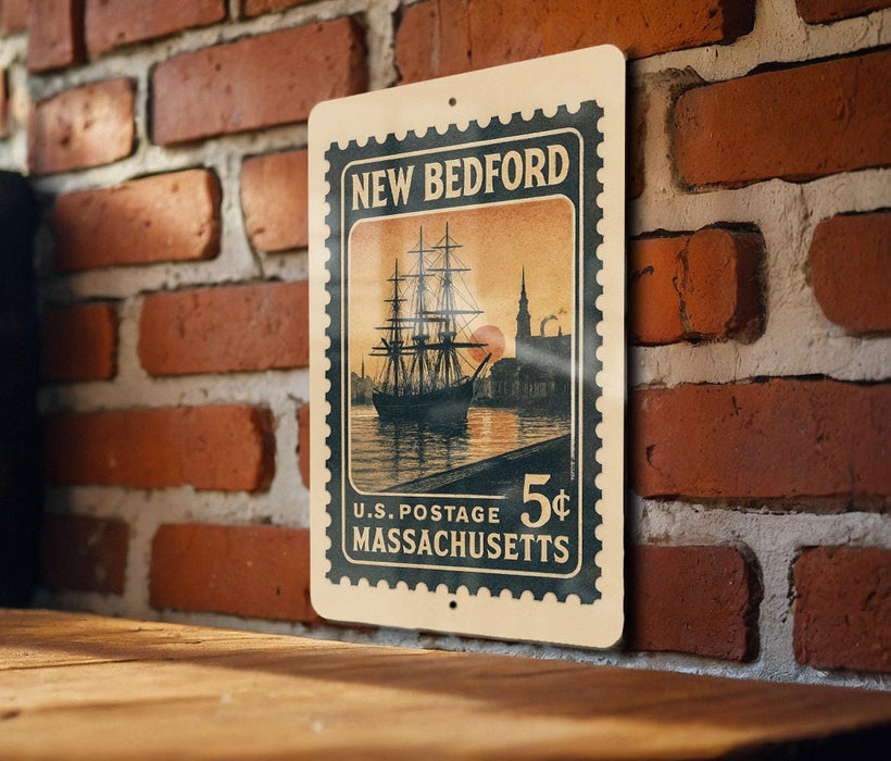 A vintage postage stamp from New Bedford, Massachusetts, featuring a sailing ship on a brick wall.