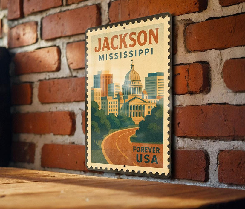 A vintage-style metal sign with the text "JACKSON MISSISSIPPI" and "FREVER USA" is displayed on a brick wall.