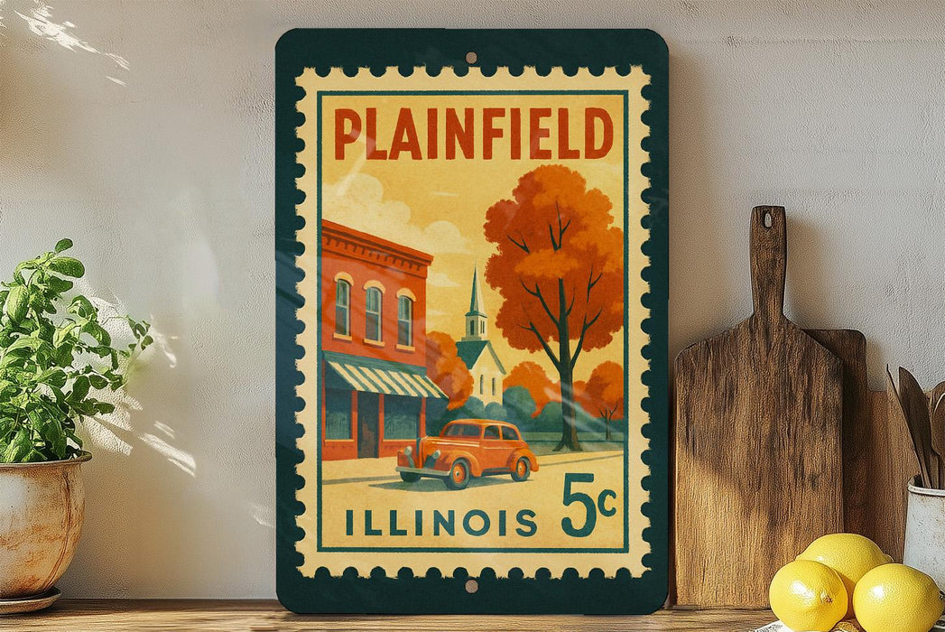 A vintage postage stamp from Illinois, featuring a colorful illustration of a town scene with a car and a church.
