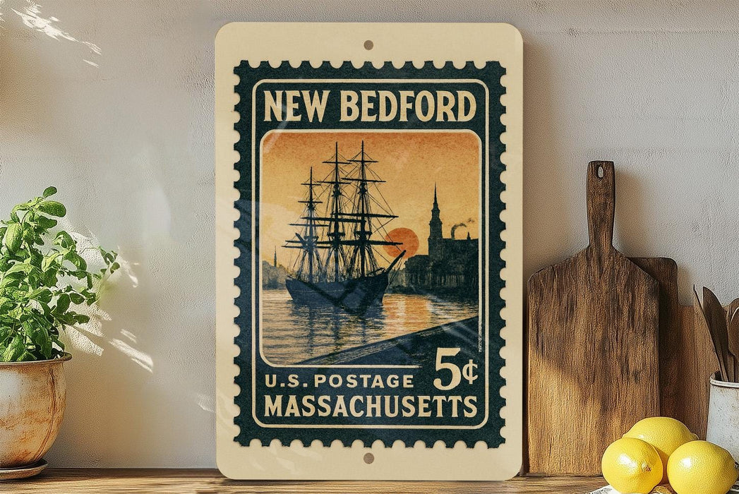 A vintage-style postage stamp from New Bedford, Massachusetts, featuring a sailing ship on a body of water with a sunset in the background.