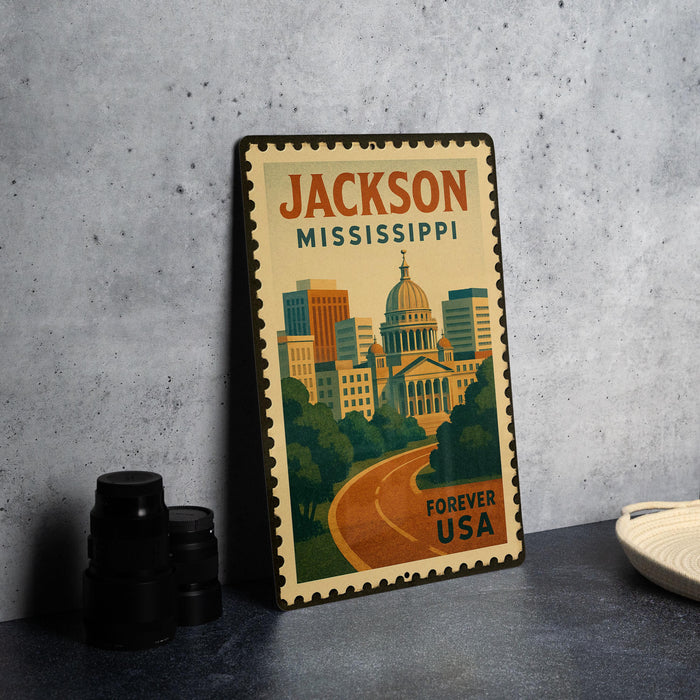 A vintage-style metal stamp depicting the city of Jackson, Mississippi, with a road leading to the state capitol building.