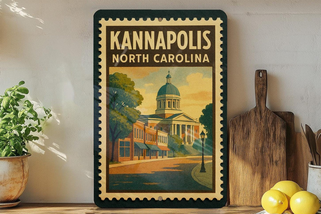 A framed poster of the Kannapolis North Carolina landmark, featuring a building with a dome and a street scene, is displayed on a shelf next to a wooden cutting board and a potted plant.