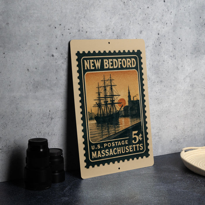 A vintage postage stamp from New Bedford, Massachusetts, featuring a sailing ship on the water.