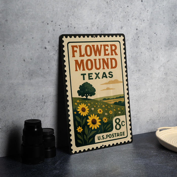 A vintage-style metal sign with a floral design and text, placed on a gray surface next to some black camera lenses.