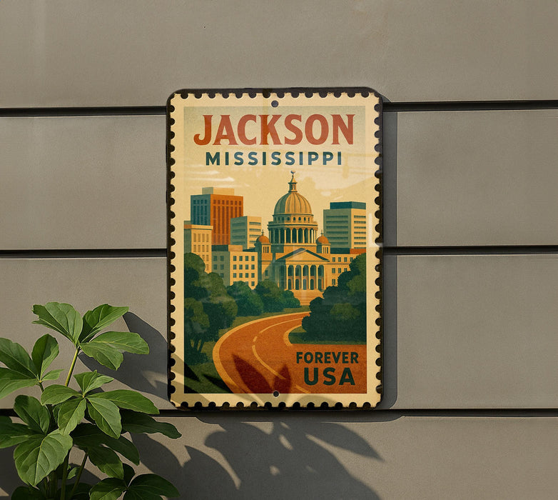 A vintage-style metal sign with the text "JACKSON MISSISSIPPI FOREVER USA" and an illustration of a cityscape with a prominent dome-shaped building.