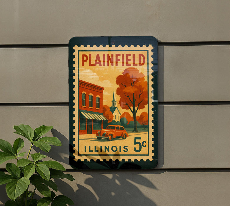 A vintage postage stamp from Illinois, featuring an illustration of a small town with a church and a car, mounted on a wall.