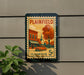 A vintage postage stamp from Illinois, featuring an illustration of a small town with a church and a car, mounted on a wall.