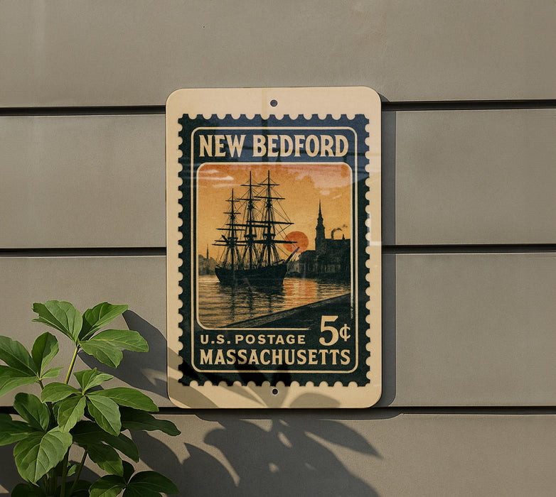 A vintage postage stamp from New Bedford, Massachusetts, featuring a sailing ship on a body of water.