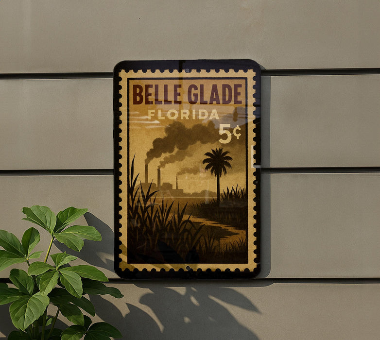 A vintage-style postage stamp from Belle Glade, Florida, featuring a palm tree and steam rising from a factory, mounted on a wall.