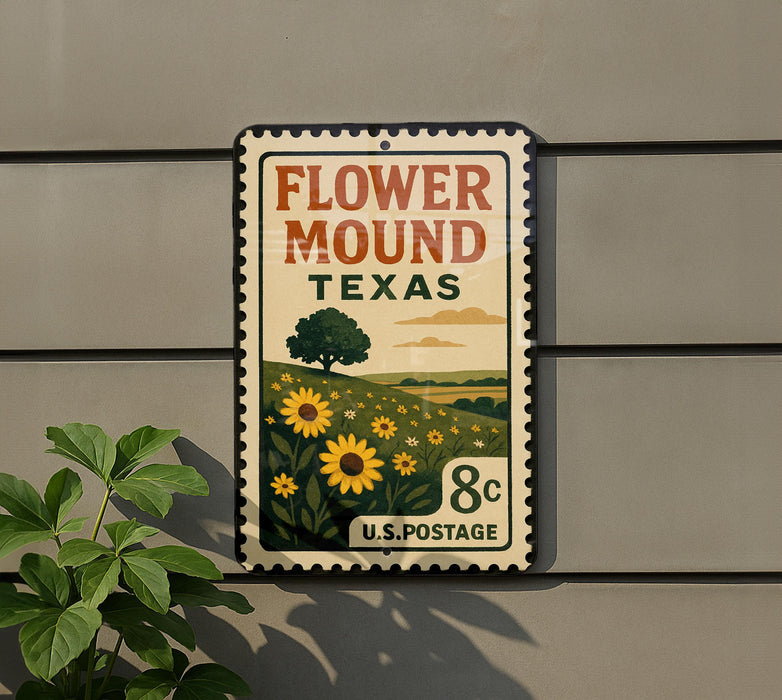 A vintage-style metal sign with a floral design and text, mounted on a wall next to a plant.