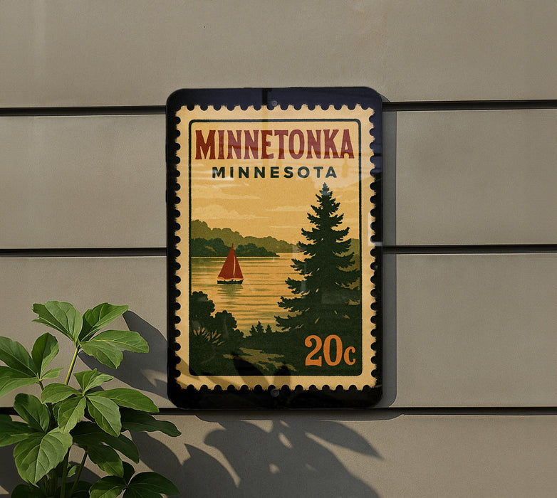 A Minnesota postage stamp featuring a scenic landscape with a sailboat on a lake, mounted on a wall next to a plant.