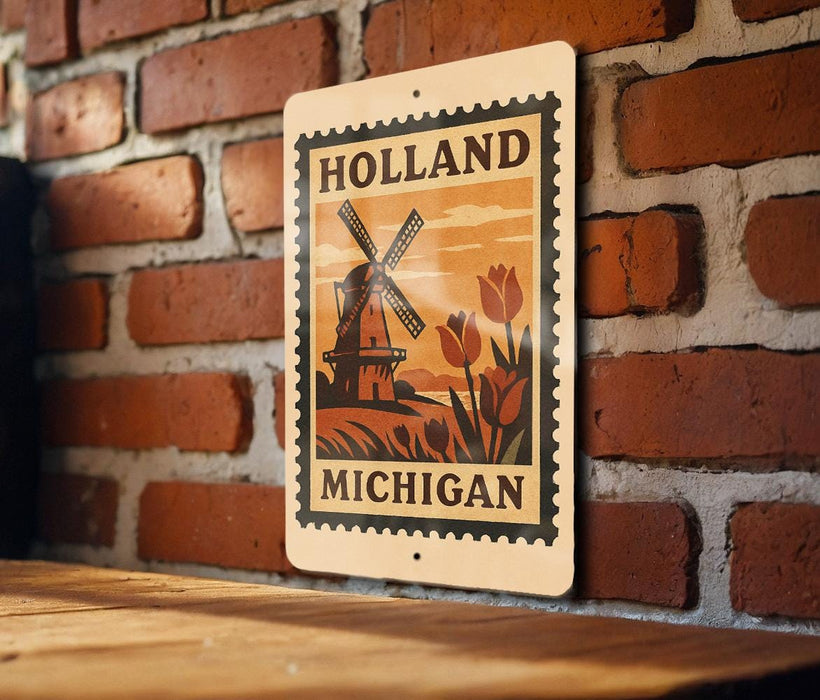 A metal sign with a vintage-style illustration of a windmill and tulips, mounted on a brick wall.