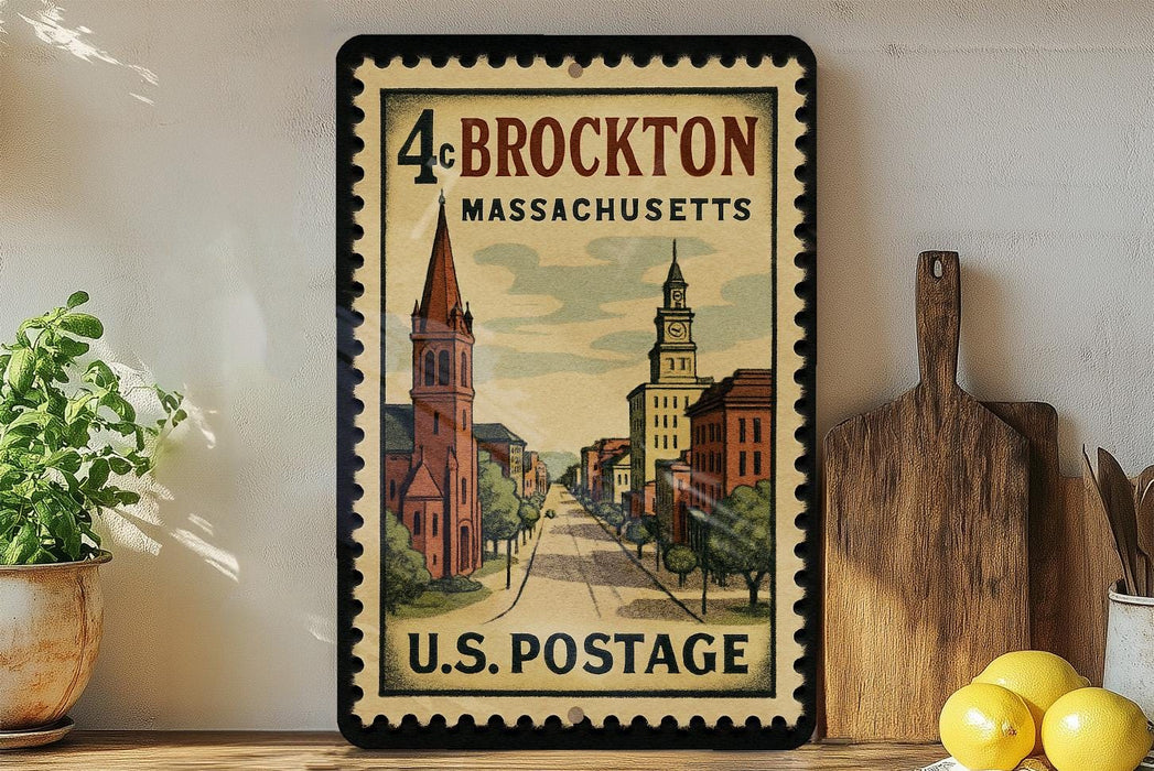 A framed vintage postage stamp from Massachusetts, featuring a street scene with a church and buildings, is displayed on a shelf next to a wooden cutting board and some lemons.