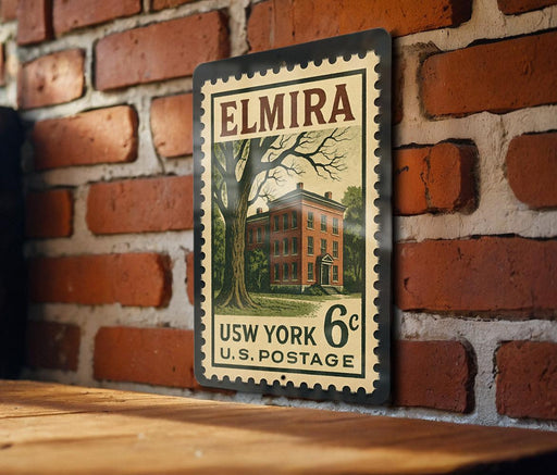 A vintage-style metal postage stamp featuring a brick wall and a tree, mounted on a wooden surface.