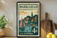A vintage-style postage stamp from Marblehead, Massachusetts, featuring a colorful illustration of a town with sailboats on the water.