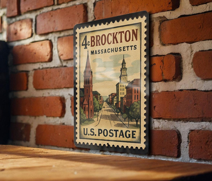A vintage postage stamp depicting a street scene in Brockton, Massachusetts, with a church steeple and buildings, mounted on a brick wall.