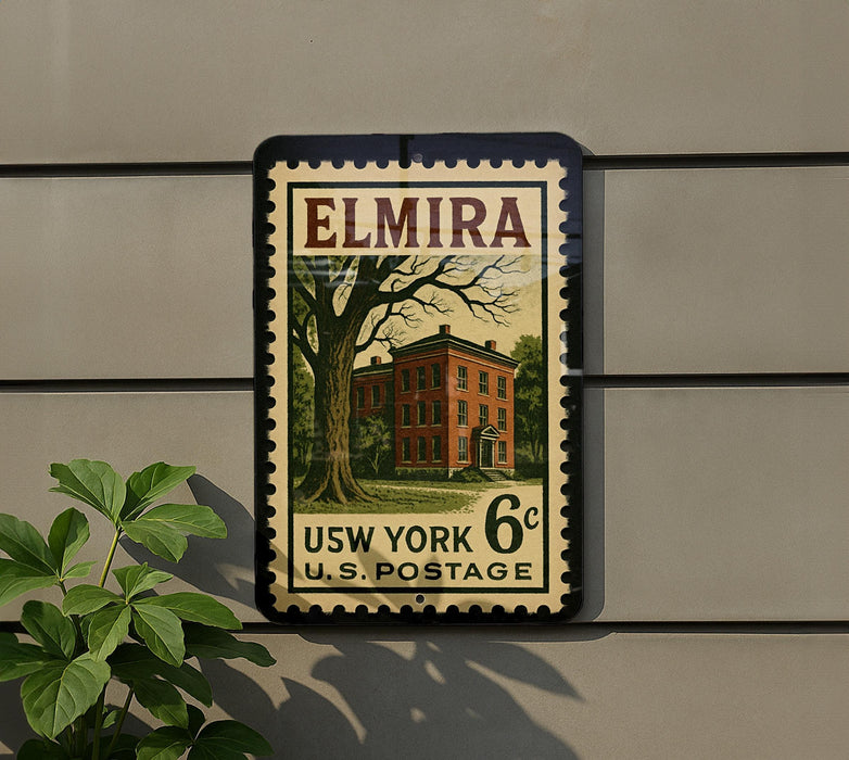 A vintage-style postage stamp featuring a brick building and a tree, mounted on a wall.