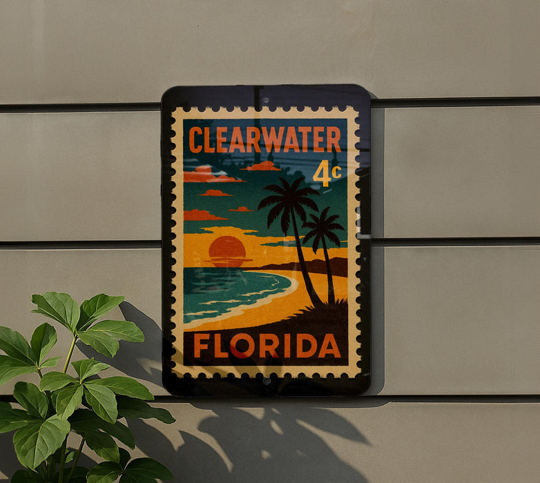 A sign that reads "CLEARWATER FLORIDA" is hanging on a wall, depicting a tropical beach scene with palm trees and a sunset.