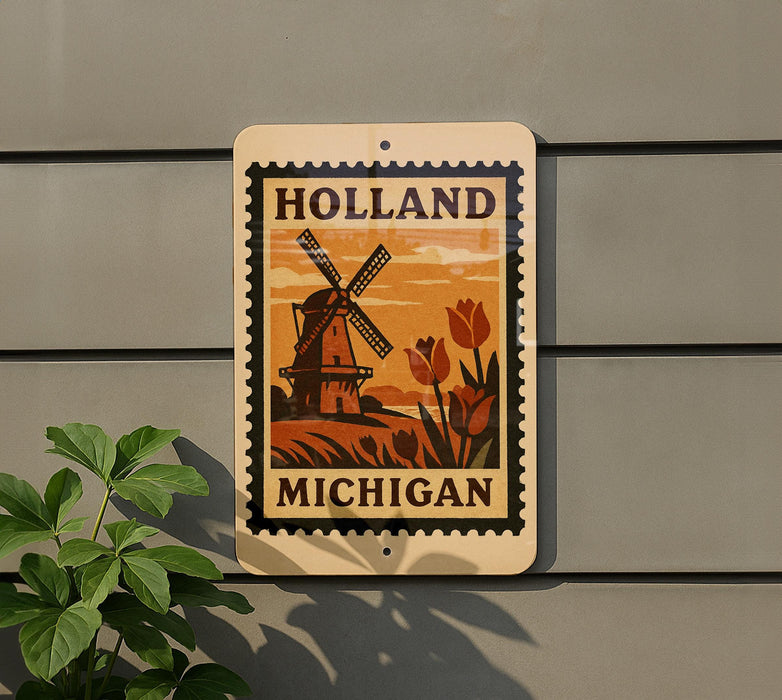 A sign with the text "HOLAND MICHIGAN" and an illustration of a windmill and tulips, mounted on a wall.