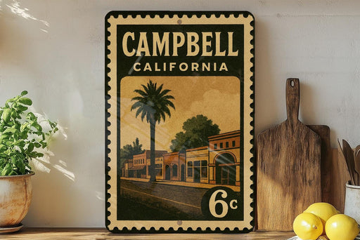 A vintage-style stamp depicting Campbell, California, with a palm tree and buildings, placed on a shelf next to a wooden cutting board and a potted plant.