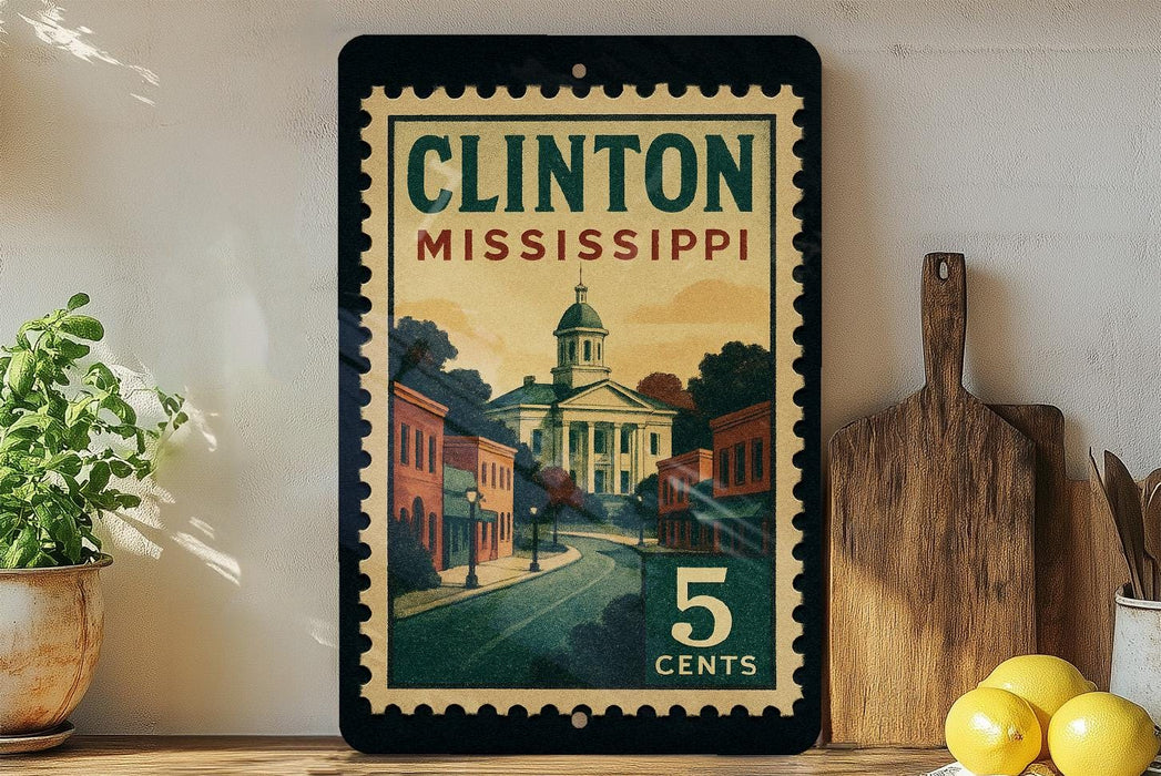 A vintage-style metal sign displaying the text "CLINTON MISSISSIPPI 5 CENTS" is displayed on a shelf, with a potted plant and a wooden cutting board nearby.