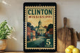 A vintage-style metal sign displaying the text "CLINTON MISSISSIPPI 5 CENTS" is displayed on a shelf, with a potted plant and a wooden cutting board nearby.