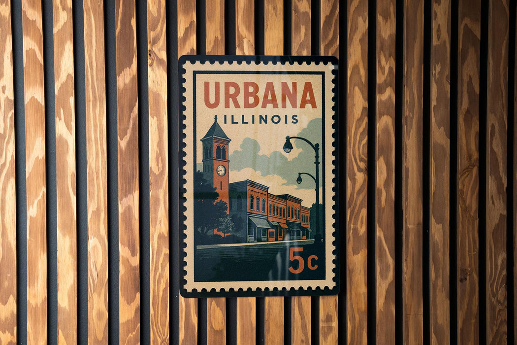 A vintage postage stamp from Illinois, featuring a building and a clock, is displayed on a wooden wall.