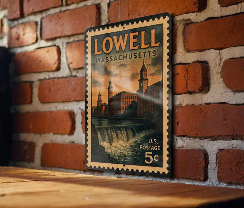 A vintage-style stamp depicting a brick building with a clock tower, hanging on a brick wall.