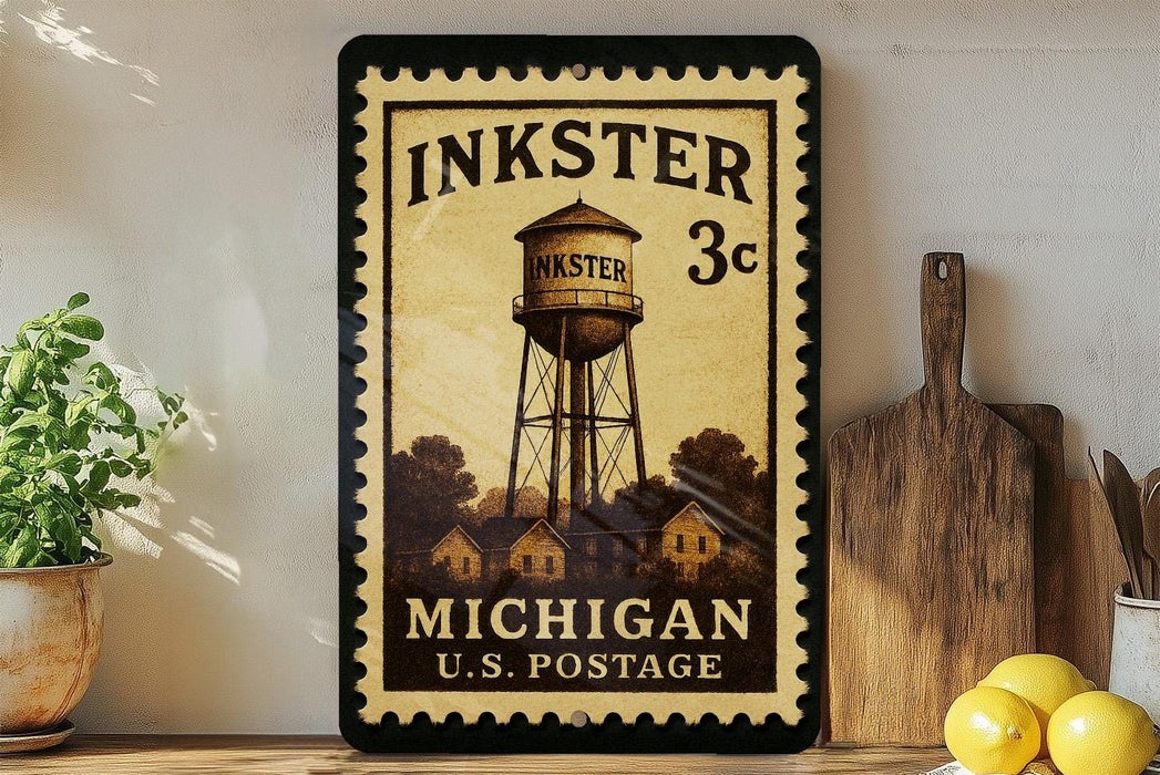 A vintage-style metal stamp depicting a water tower, with the text "INKSTER 3c" and "MICHIGAN U.S. POSTAGE" printed on it. The stamp is displayed on a shelf next to a wooden cutting board and a potted plant.