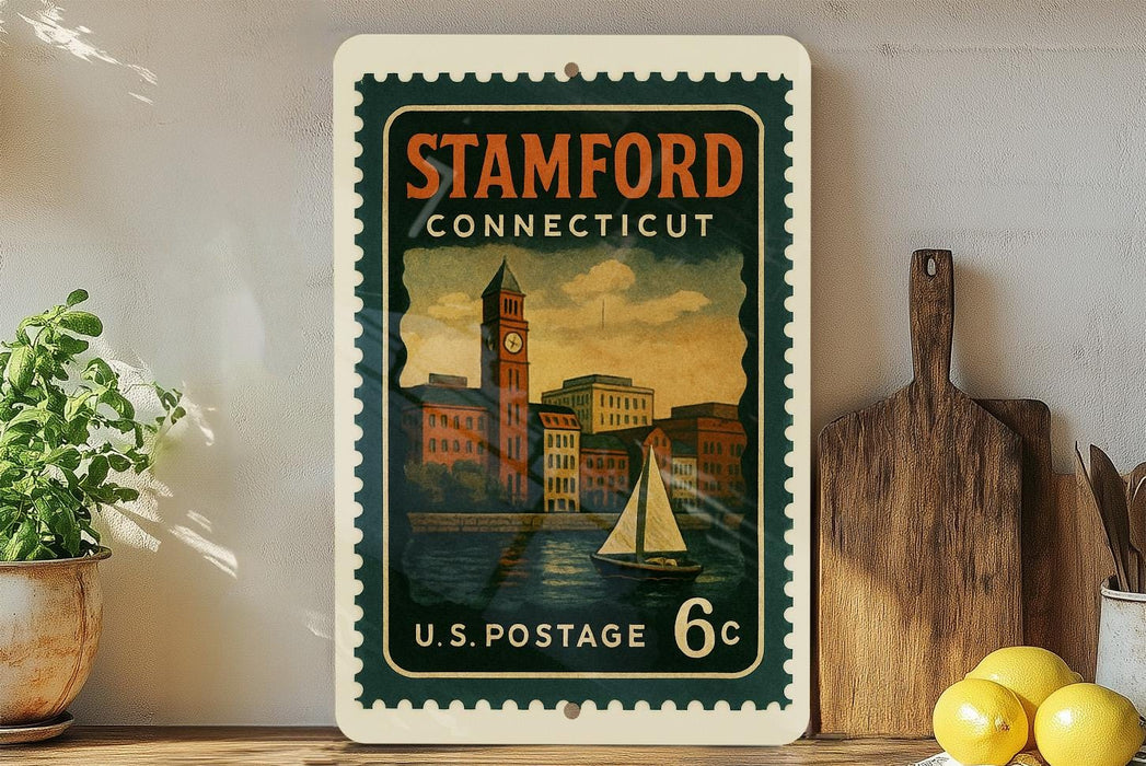 A vintage postage stamp from the United States of America, featuring a cityscape with a sailboat on the water, displayed on a shelf next to a wooden cutting board and some potted plants.