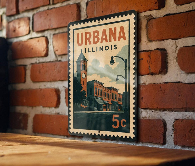 A vintage postage stamp featuring an illustration of a brick building and a clock tower, with the text "URBANA ILLINOIS" and the number "5c" printed on it.