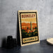A vintage postage stamp depicting the city of Berkeley, California, with a tower and a sunset in the background.