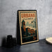 A vintage postage stamp from Illinois, featuring an illustration of a town with a clock tower, is displayed on a table.