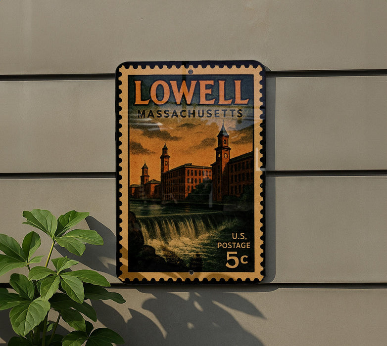 A vintage postage stamp from Lowell, Massachusetts, featuring a cityscape with a waterfall, mounted on a wall.
