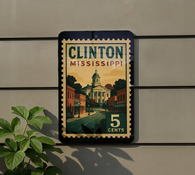 A vintage-style sign for Clinton, Mississippi, with a postage stamp design and the text "CLINTON MISSISSIPPI 5 CENTS".