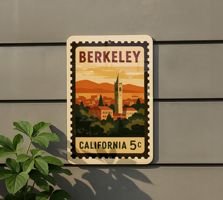 A vintage postage stamp featuring the city of Berkeley, California, with a tall bell tower and a sunset landscape.