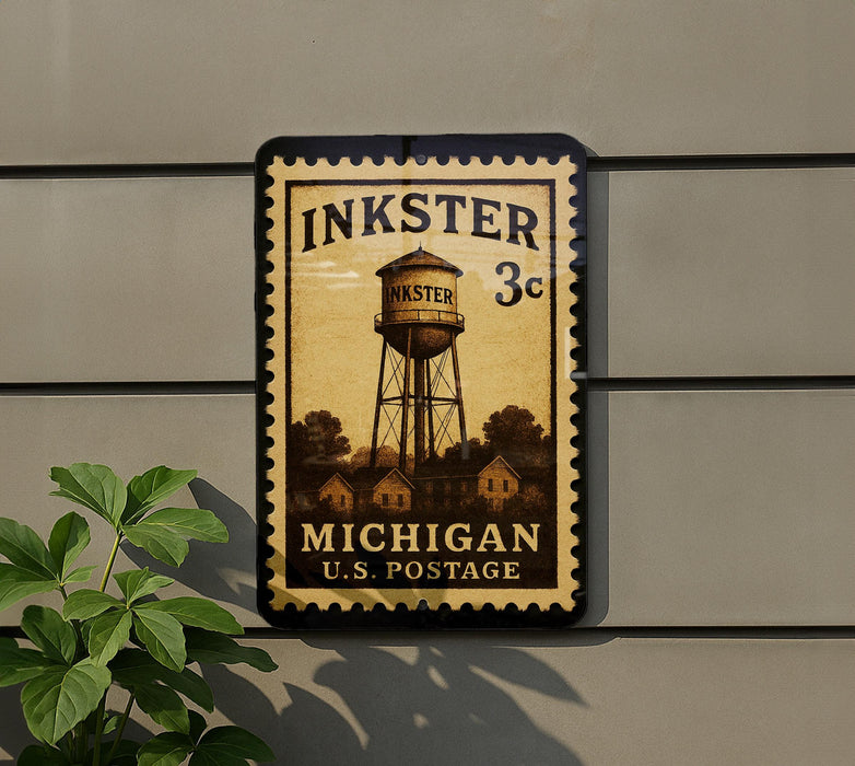 A vintage-style postage stamp depicting a water tower, mounted on a wall next to a plant.