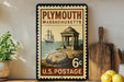 A vintage-style postage stamp from Plymouth, Massachusetts, featuring a sailing ship, a gazebo, and a rock, with the text "Plymouth, Massachusetts" and "U.S. Postage" printed on it.