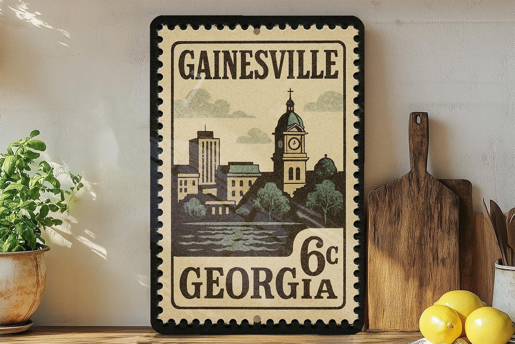 A framed vintage postage stamp from Georgia, featuring a cityscape and a clock tower, is displayed on a shelf next to a wooden cutting board and a potted plant.