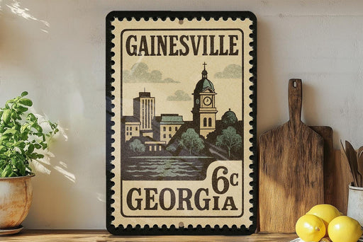 A framed vintage postage stamp from Georgia, featuring a cityscape and a clock tower, is displayed on a shelf next to a wooden cutting board and a potted plant.