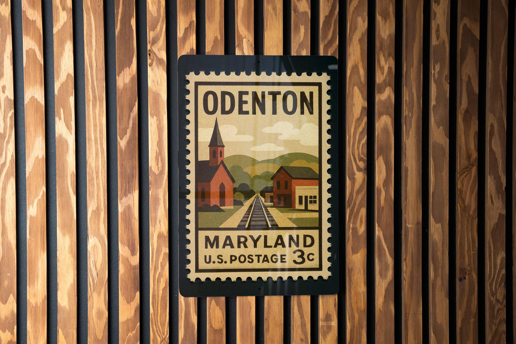 A vintage-style postage stamp from the United States Postal Service (U.S. Postage) for Odenton, Maryland, with a church and train tracks depicted on the stamp.