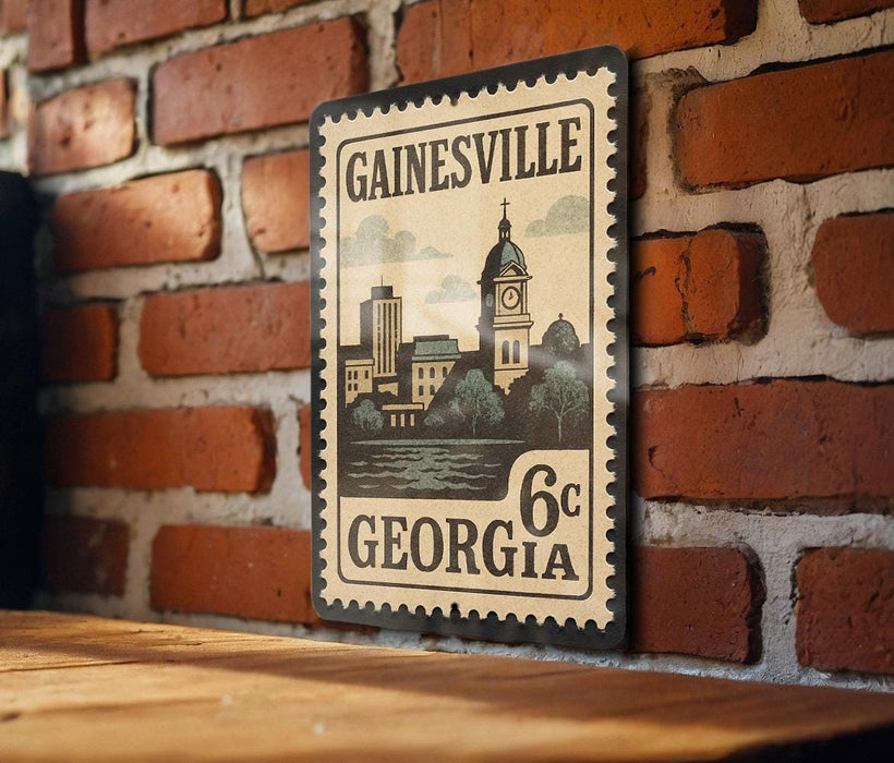 A vintage-style postage stamp from Gainesville, Georgia, featuring a cityscape and a clock tower, mounted on a brick wall.
