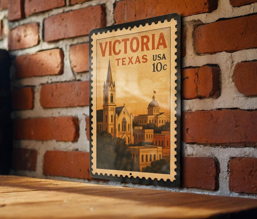 A vintage postage stamp from Victoria, Texas, featuring a church and buildings, is displayed on a brick wall.